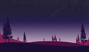 Starry Night Over Silhouetted Pine Hills With Shooting Star HD wallpaper