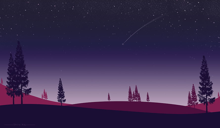 Starry Night Over Silhouetted Pine Hills With Shooting Star HD wallpaper
