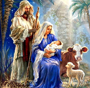 Traditional Nativity Scene Painting Featuring Mary, Joseph, and Baby Jesus with Animals HD wallpaper