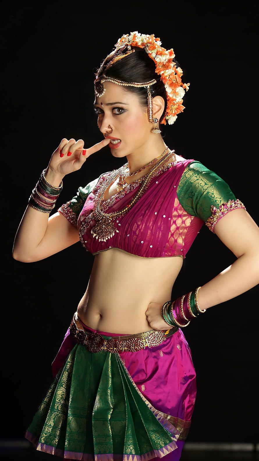 Tamanna Bhatia in Traditional Indian Dance Attire with Floral Headpiece and Jewelry HD phone wallpaper