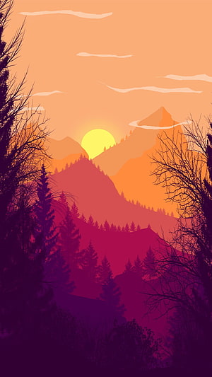 Vibrant Mountain Sunset with Pine Forest Silhouettes in Warm Orange and Purple Tones HD phone wallpaper