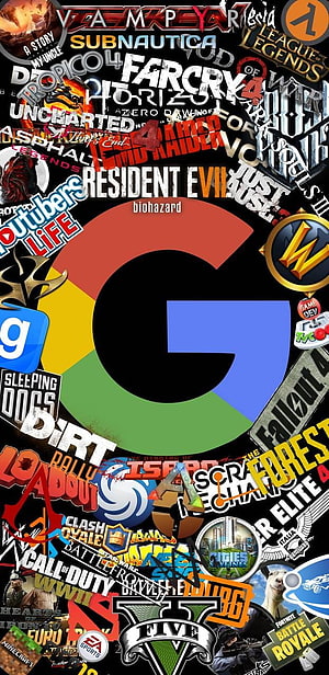 Gaming Logo Collage Wallpaper Featuring Google G and Popular Video Game Titles HD phone wallpaper
