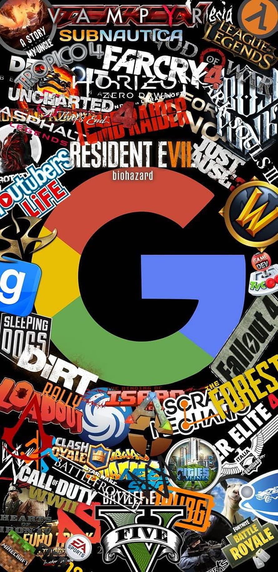 Gaming Logo Collage Wallpaper Featuring Google G and Popular Video Game Titles HD phone wallpaper