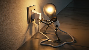 3D Render of a Mechanical Light Bulb Character Plugging into a Wall Outlet HD wallpaper