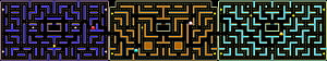Pac-Man Arcade Maze Layouts in Blue, Orange, and Cyan on Black Background HD wallpaper