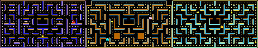 Pac-Man Arcade Maze Layouts in Blue, Orange, and Cyan on Black Background HD wallpaper