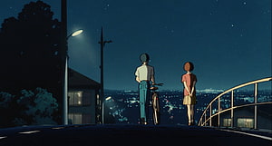 Whisper of the Heart Anime Night Scene with Two Characters on a Hilltop Road HD wallpaper