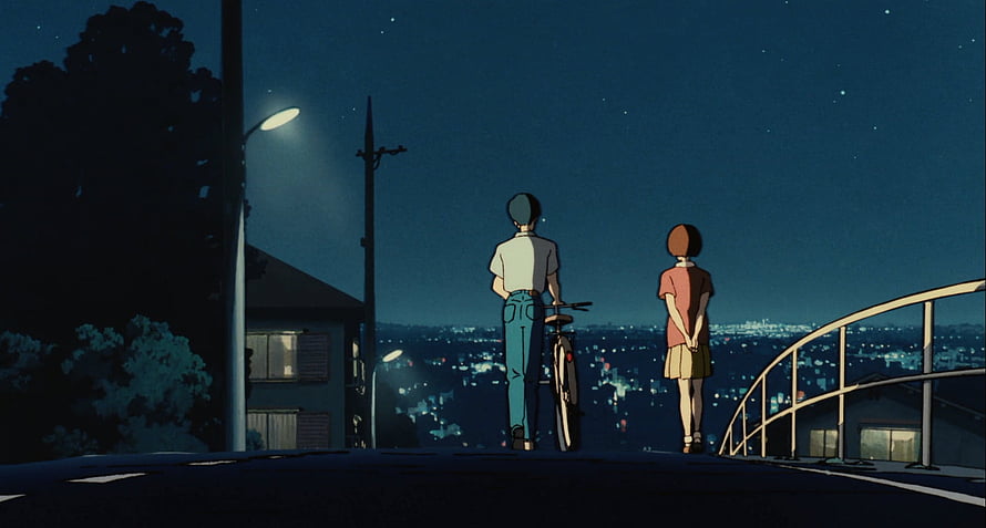 Whisper of the Heart Anime Night Scene with Two Characters on a Hilltop Road HD wallpaper