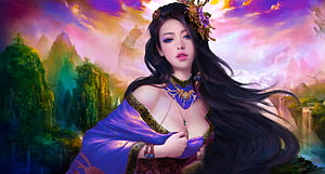 Ethereal Fantasy Princess in Purple Gown with Flowing Hair and Ornate Crown HD wallpaper