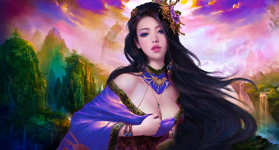 Ethereal Fantasy Princess in Purple Gown with Flowing Hair and Ornate Crown HD wallpaper