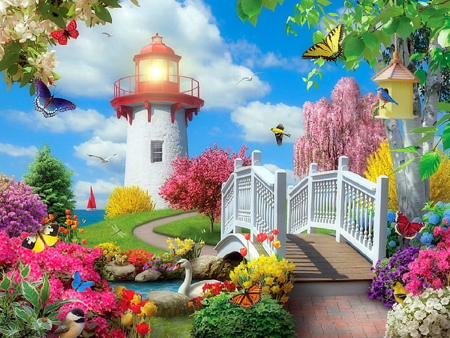 Dreamy Spring Garden with Lighthouse, White Bridge, and Colorful Flowers HD wallpaper