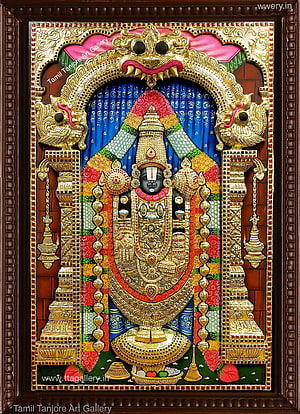 3D Thirupathi Balaji Tanjore Painting with Gold Embellishments and Blue Background HD phone wallpaper