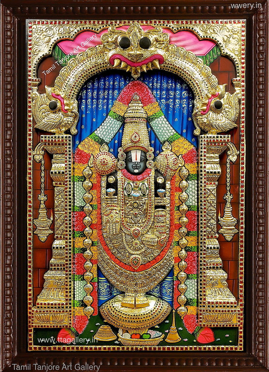 3D Thirupathi Balaji Tanjore Painting with Gold Embellishments and Blue Background HD phone wallpaper