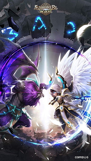 Summoners War Sky Arena promotional art featuring a winged angel and a purple demon in a magical battle HD phone wallpaper