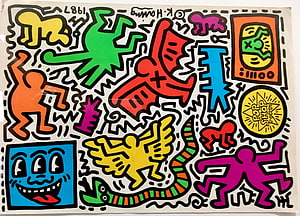 Keith Haring Pop Shop Tokyo Sticker Sheet with Vibrant Graffiti Figures and Bold Outlines HD wallpaper