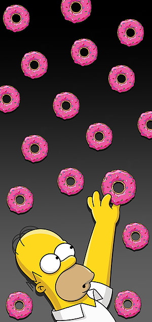 Homer Simpson Reaching for Falling Pink Sprinkle Donuts on Dark Background HD phone wallpaper