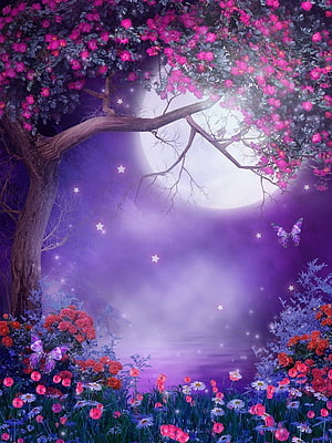 Enchanted Night Garden with Moonlit Tree and Vibrant Flowers HD phone wallpaper