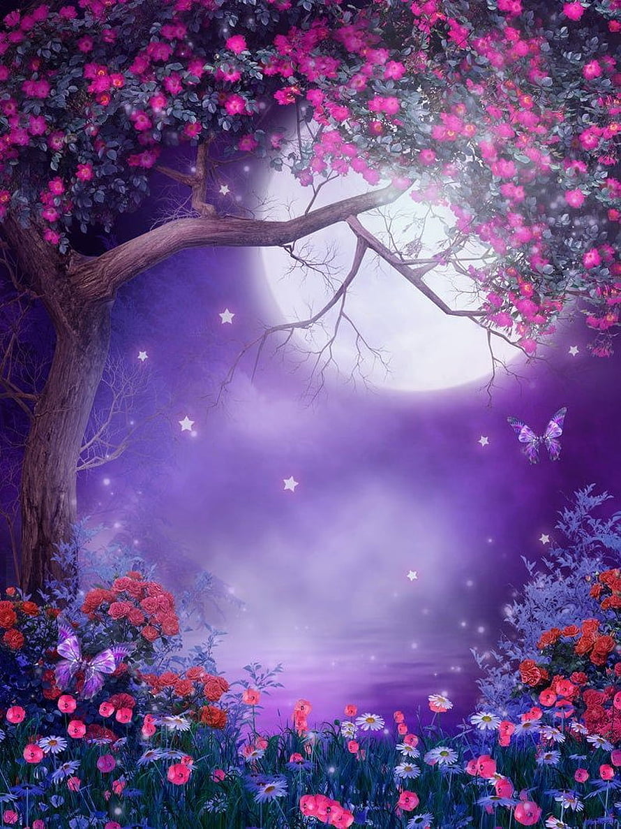 Enchanted Night Garden with Moonlit Tree and Vibrant Flowers HD phone wallpaper