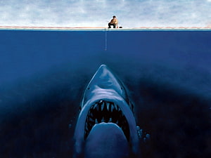 Man Fishing Above a Giant Shark With Open Jaw in Deep Blue Ocean Water HD wallpaper