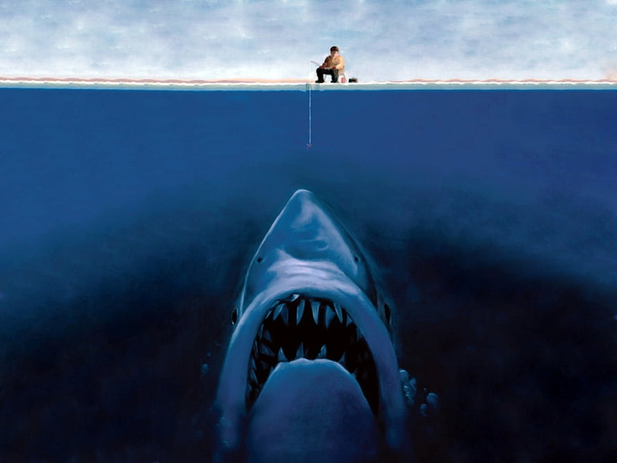 Man Fishing Above a Giant Shark With Open Jaw in Deep Blue Ocean Water HD wallpaper