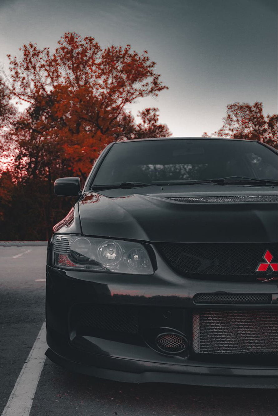 Black Mitsubishi Lancer Evolution Front View With Intercooler And Autumn Trees HD phone wallpaper