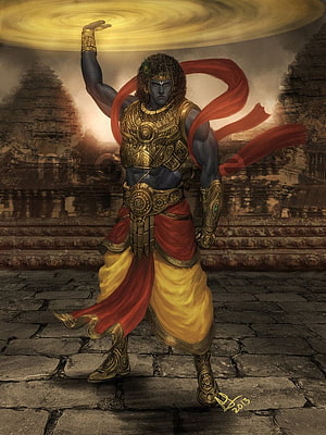 Karna from Mahabharata in ornate golden armor with flowing red sash against ancient temple ruins HD phone wallpaper