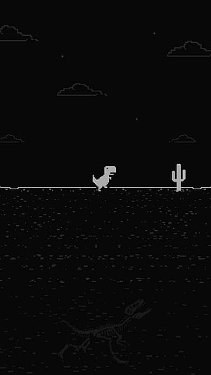 Minimalist Pixel Art T-Rex Running in Dark Desert with Cactus and Night Sky HD phone wallpaper