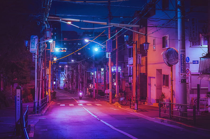 Neon-lit Japanese street at night with purple and blue ambient lighting HD wallpaper