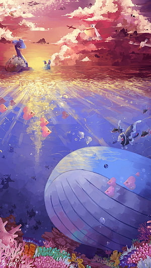 Pokémon Ocean Sunset with Whales and Birds in Dreamy Water HD phone wallpaper
