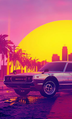 GTA Vice City Retro Datsun Car Under Neon Sunset With Palm Trees And City Skyline HD phone wallpaper