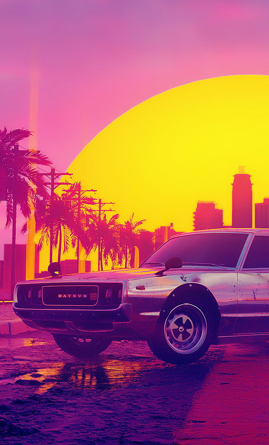 GTA Vice City Retro Datsun Car Under Neon Sunset With Palm Trees And City Skyline HD phone wallpaper