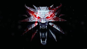 The Witcher 3 Wolf Medallion Emblem with Glowing Red Eyes on Black Background HD wallpaper