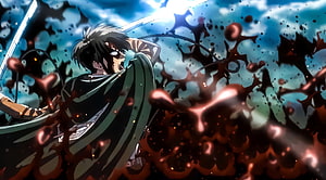Levi Ackerman in Intense Combat with Sword and Dark Splatter Effects HD wallpaper