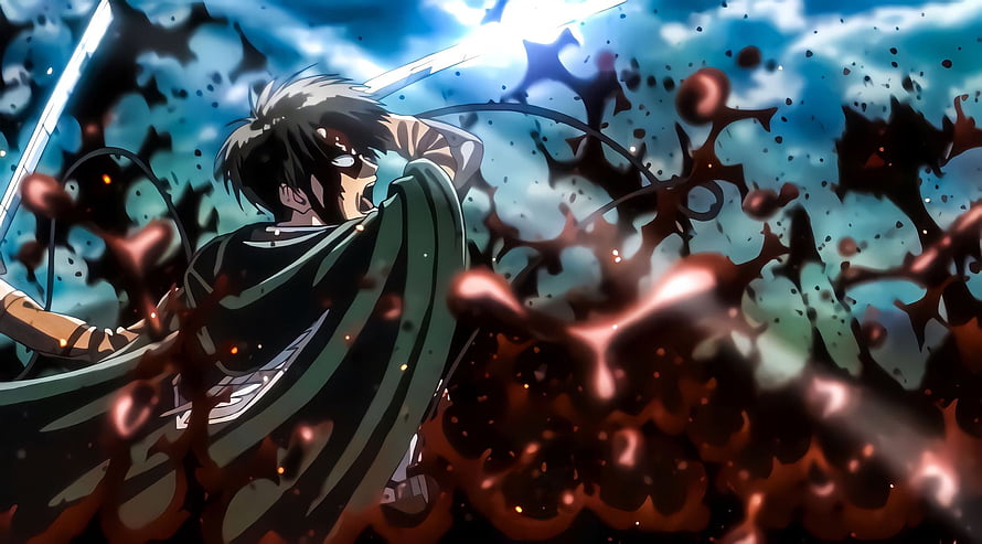 Levi Ackerman in Intense Combat with Sword and Dark Splatter Effects HD wallpaper