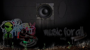 Underground Urban Graffiti Wall With DJ Turntable, Alien Figure, and Subwoofer Speaker HD wallpaper