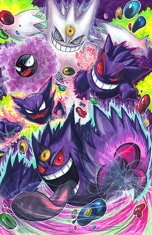 Mega Gengar and Ghost Type Pokemon Evolution Lineup in Vibrant Illustration HD phone wallpaper