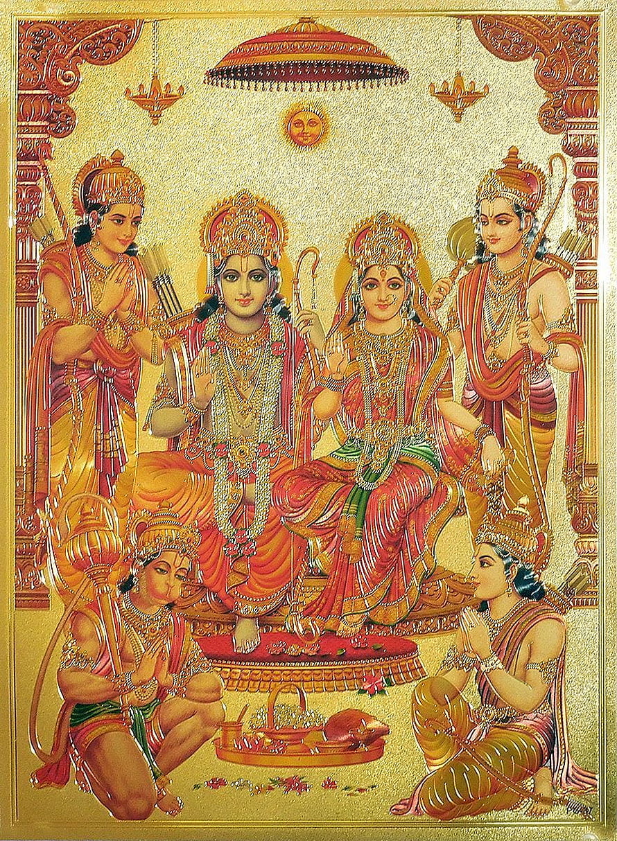 Ram Darbar Tanjore Painting with Golden Metallic Finish and Traditional Hindu Deities HD phone wallpaper