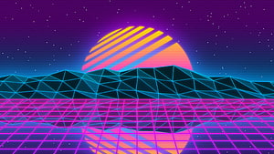 Retro Synthwave Landscape with Neon Grid and Striped Sunset HD wallpaper