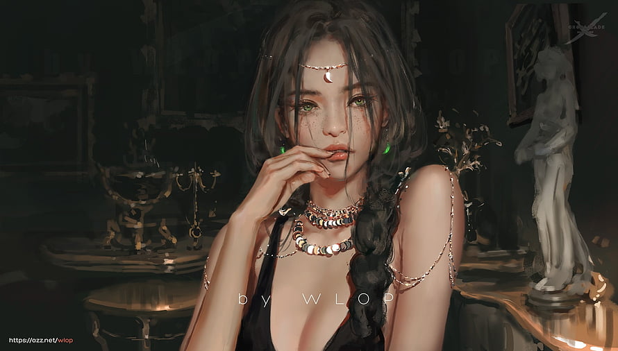 Wlop Fantasy Portrait of a Princess with Moon Jewelry in a Dark Baroque Interior HD wallpaper
