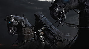 Dark Fantasy Knight on a Spiked Warhorse Under a Stormy Night Sky HD wallpaper