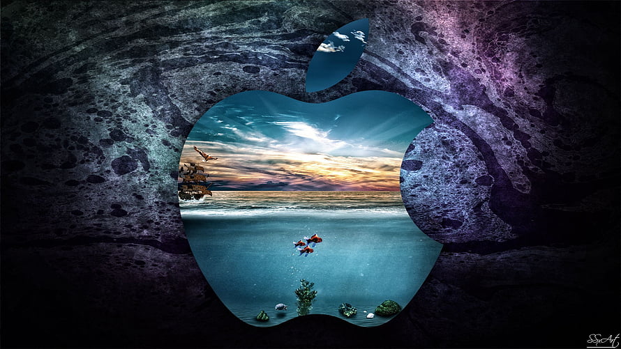 Apple Logo Framing Underwater Ocean Scene With Sunset Sky And Swimming Fish HD wallpaper