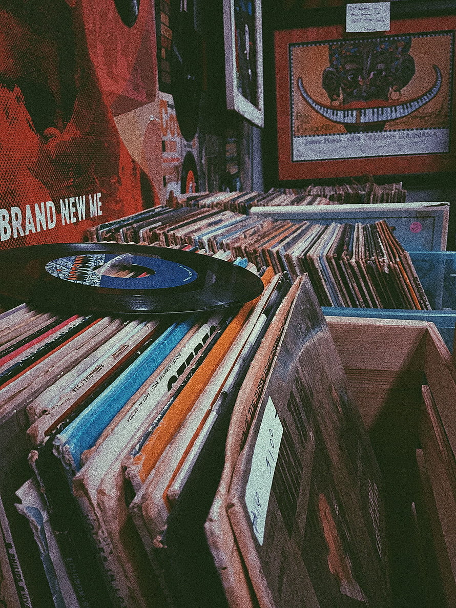 Vintage Vinyl Record Collection in Retro Music Store with 80s Aesthetic HD phone wallpaper