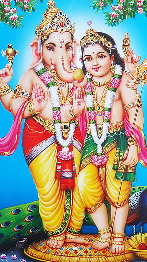 Ganesha and Murugan Divine Deities in Traditional Indian Art HD phone wallpaper