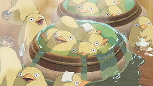 Studio Ghibli Animation Scene Featuring Cute Yellow Ducks Bathing in Wooden Tubs HD wallpaper