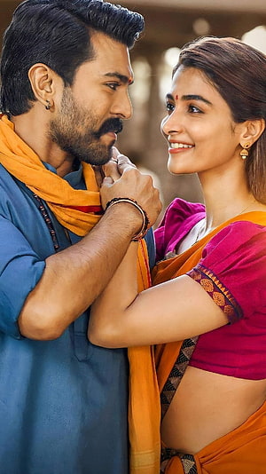 RRR Ram Charan and Pooja Hegde Romantic Scene in Traditional Indian Attire HD phone wallpaper