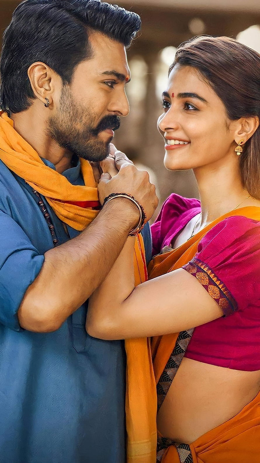 RRR Ram Charan and Pooja Hegde Romantic Scene in Traditional Indian Attire HD phone wallpaper