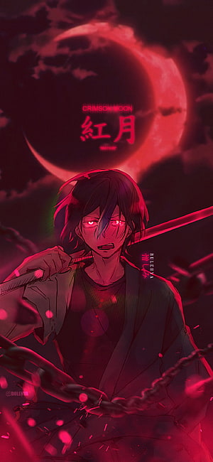 Benimaru Shinmon from Fire Force Holding a Katana Under a Crimson Moon HD phone wallpaper