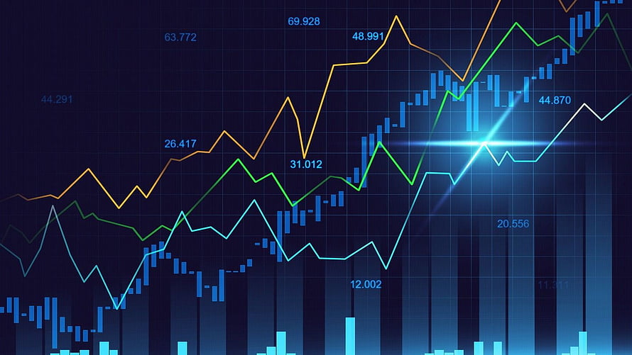 Digital Stock Market Chart With Candlestick Patterns And Trend Lines On Dark Blue Background HD wallpaper