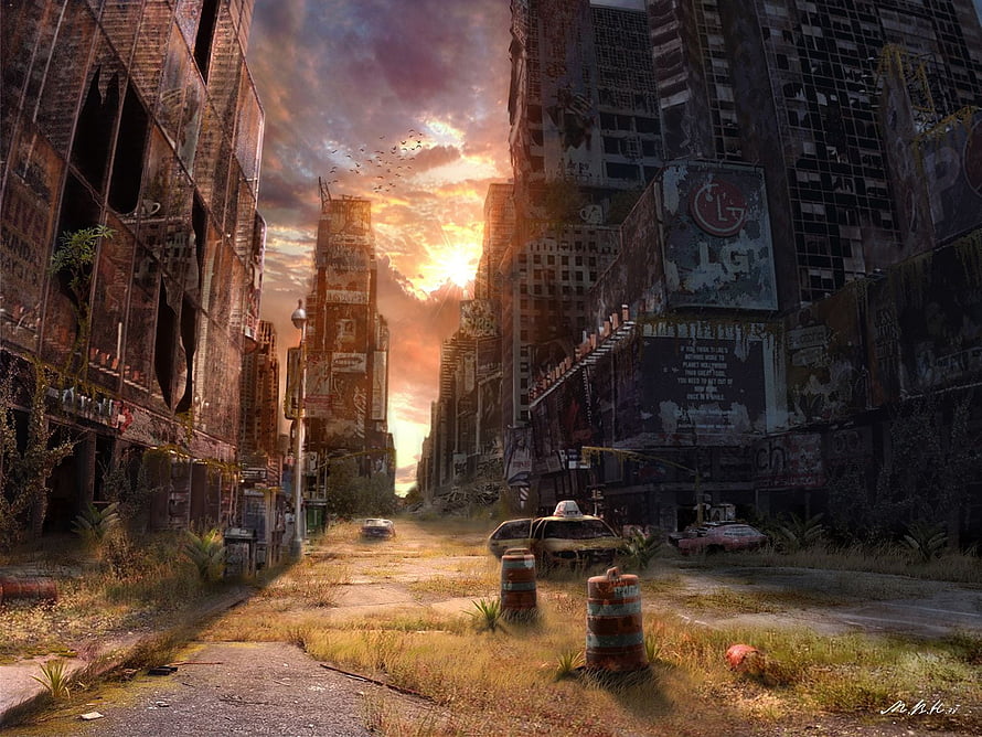 Post-Apocalyptic Cityscape with Abandoned Buildings and Overgrown Streets at Sunset HD wallpaper