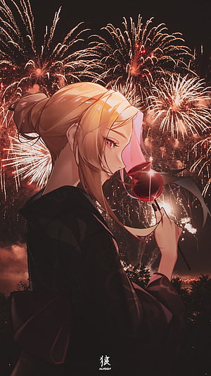 Marin Kitagawa from My Dress-Up Darling Holding a Red Rose Under Fireworks HD phone wallpaper